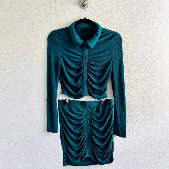 Dolls Kill Dresses & Skirts - Forest Green Ruched Button Up Long Sleeve Skirt Set